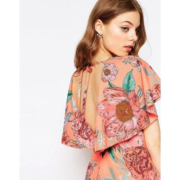 Asos Midi Dress Womens Size‎ 00 Pastel Floral Print Tie Open Back  Cape Draped - Picture 4 of 11